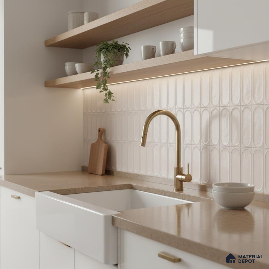 Scandinavian kitchen with beige quartz countertop, white fluted subway backsplash tile, and light oak open shelves