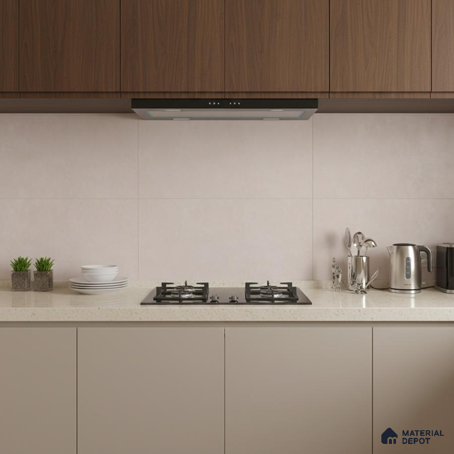 Modern kitchen with walnut brown laminate, beige solid color laminate, and cream quartz countertop