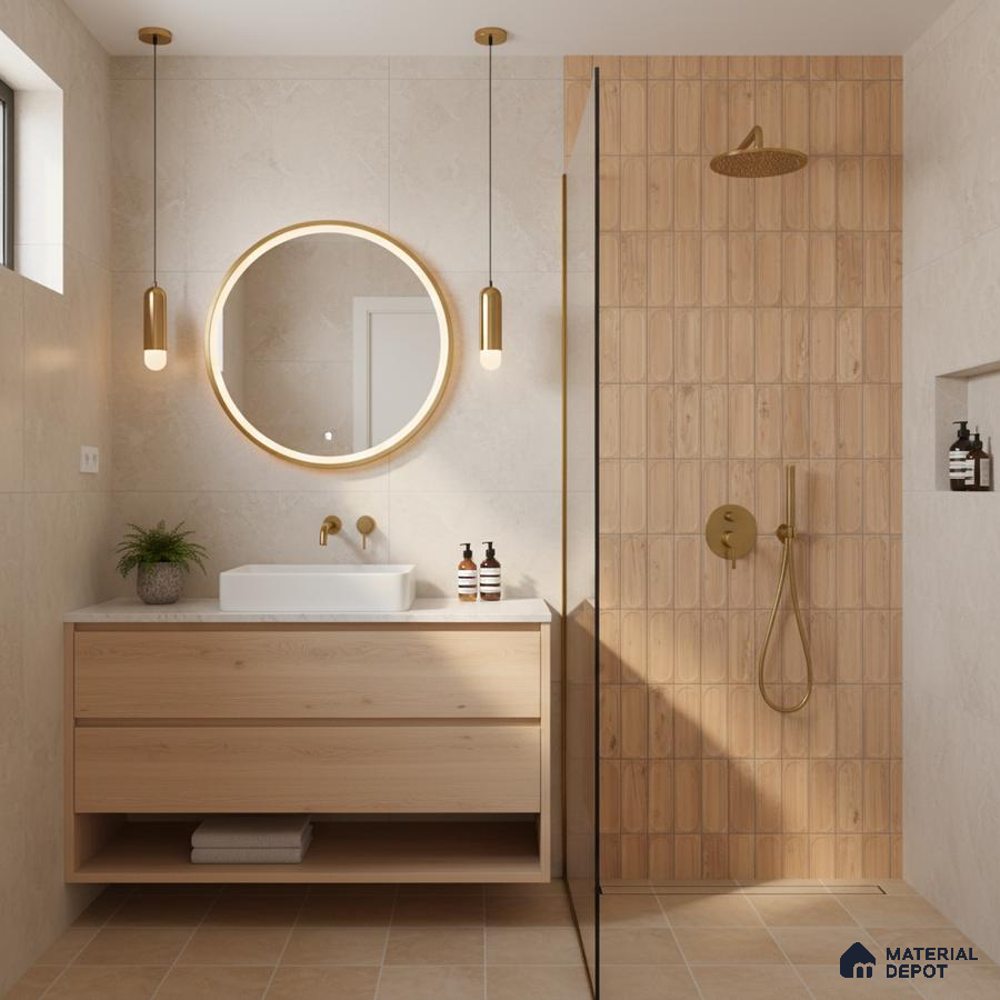 Scandinavian bathroom with light oak vanity, beige stone wall tiles, and matte wood-look shower tiles