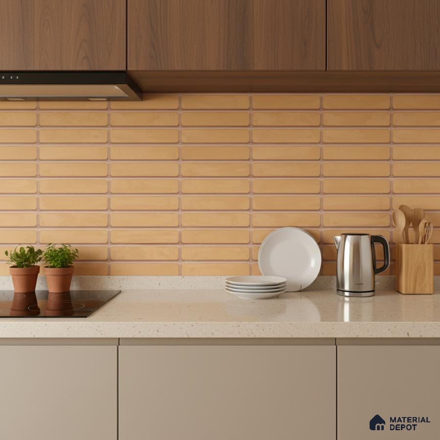Modern kitchen with beige kitkat subway backsplash tile, walnut laminate cabinets, and off-white quartz countertop