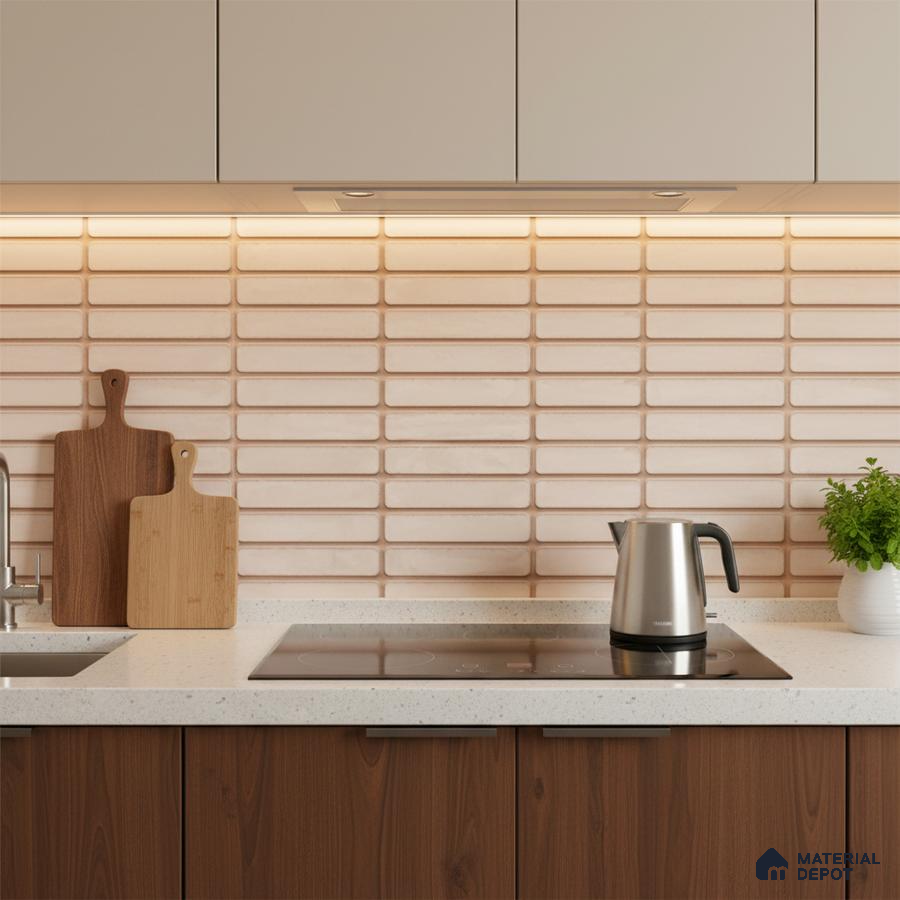 Modern kitchen with beige kitkat subway backsplash tile, white quartz countertop, and walnut wood laminate cabinets