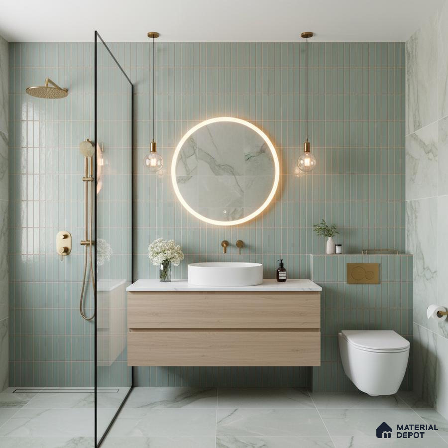 Modern bathroom with sage green kitkat wall tiles and marble-look floor tiles
