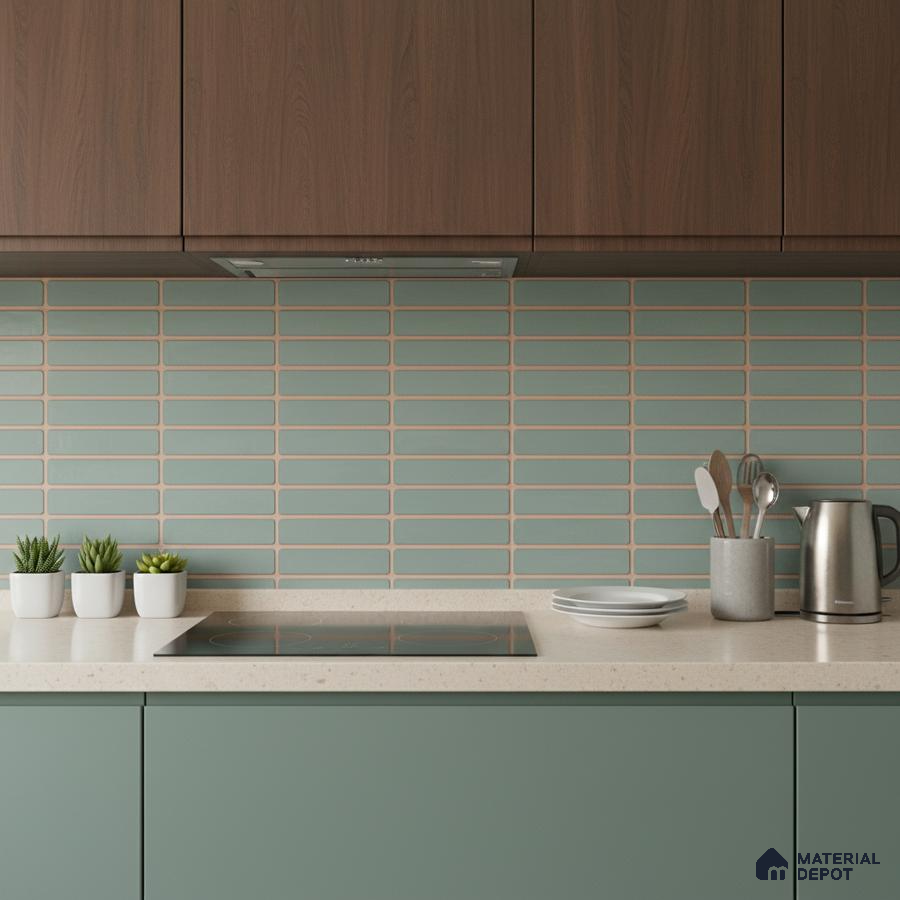 Modern kitchen with sage green laminate, walnut laminate cabinets, and sage green subway backsplash tile
