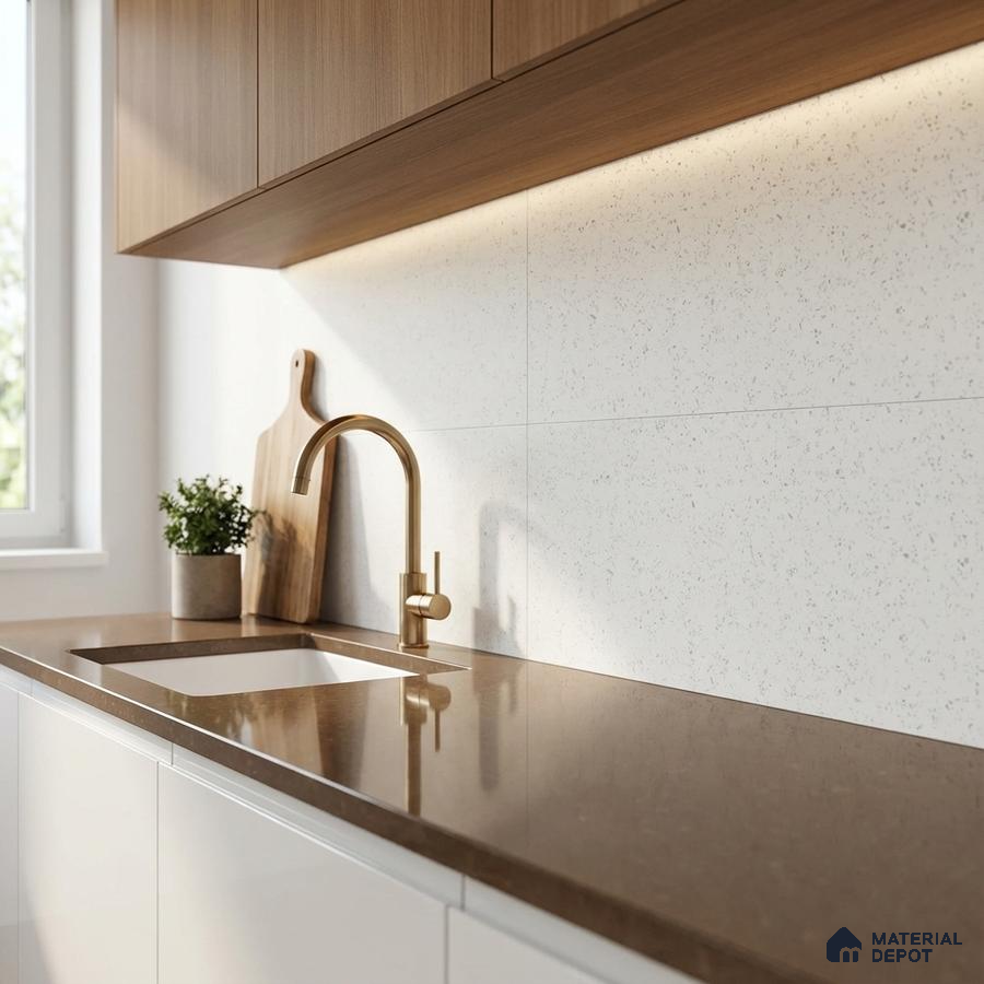 Modern kitchen with walnut wood laminate cabinets, brown quartz countertop, and white speckled backsplash tile