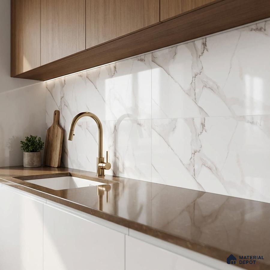 Modern kitchen with brown quartz countertop, marble-look backsplash tile, and wood grain laminate cabinets