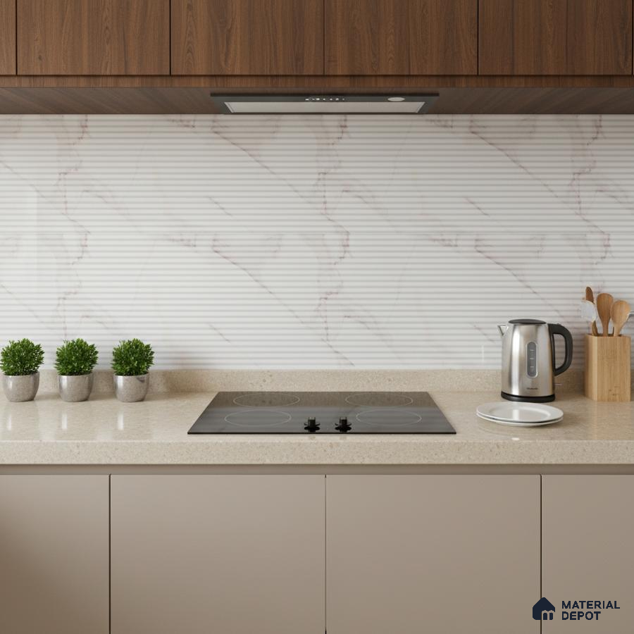Modern kitchen with walnut wood laminate, beige quartz countertop, and ribbed marble-look backsplash tile