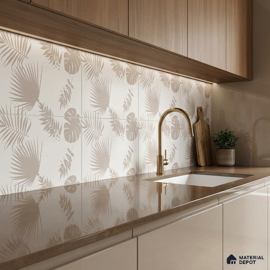 Modern kitchen with beige tropical patterned backsplash tile, taupe quartz countertop, and light wood laminate cabinets