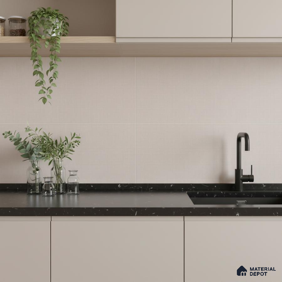 Minimalist kitchen with matte beige laminate cabinets, black marble countertop, and light beige wall tiles