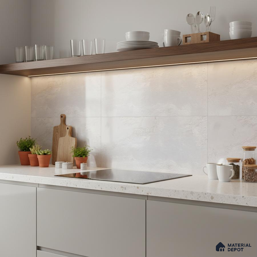 Minimalist kitchen with matte beige laminate, white terrazzo countertop, and stone-look backsplash tile