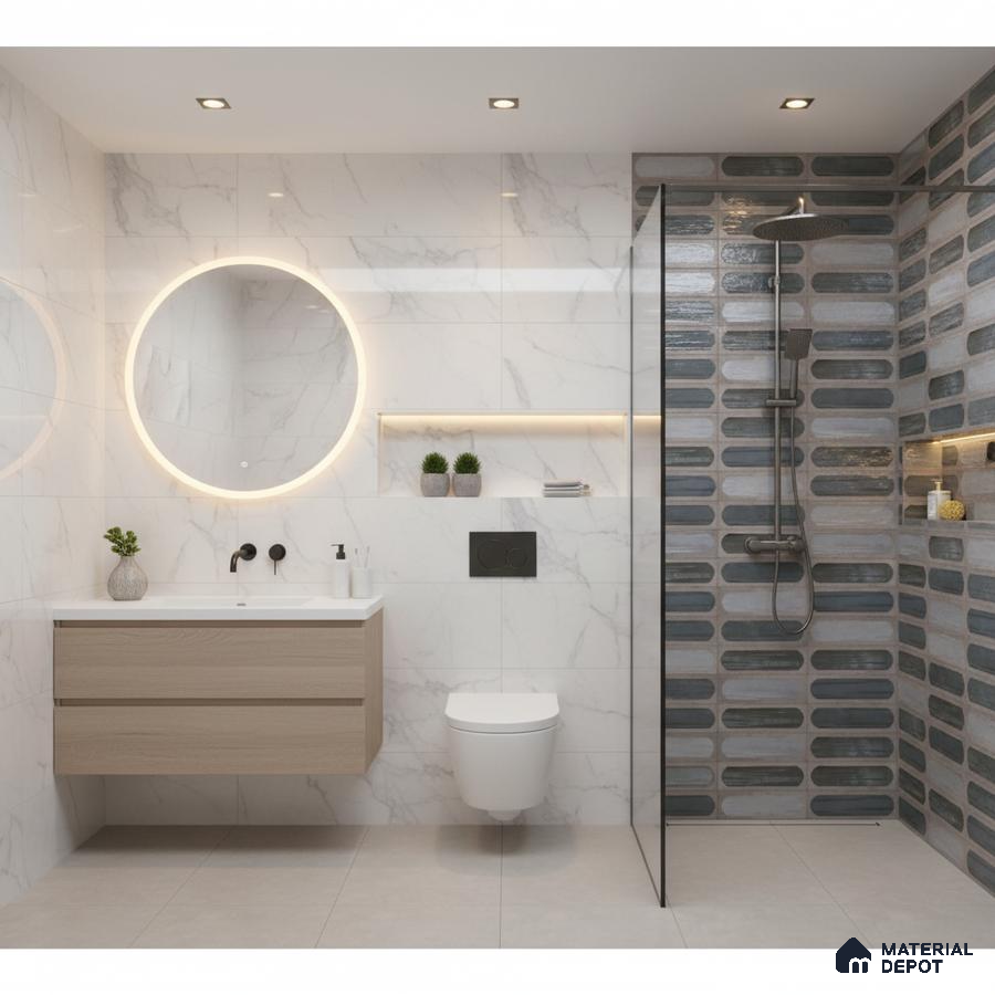 Modern bathroom with marble-look wall tiles, blue-grey elongated kitkat shower tiles, and floating wood vanity