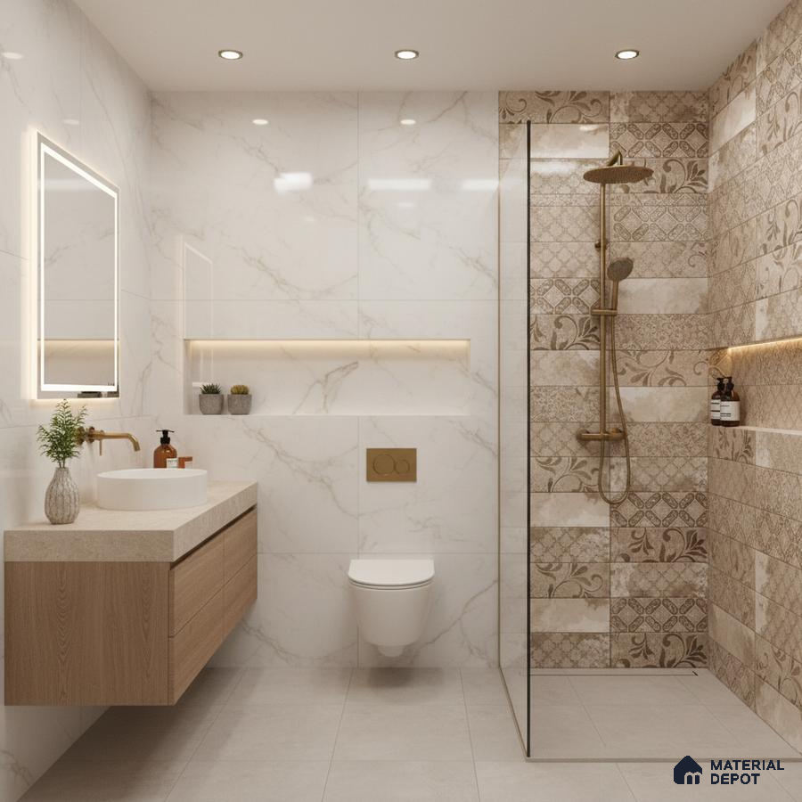 Modern bathroom with marble wall tiles, beige patterned highlighter shower tiles, and floating wood vanity