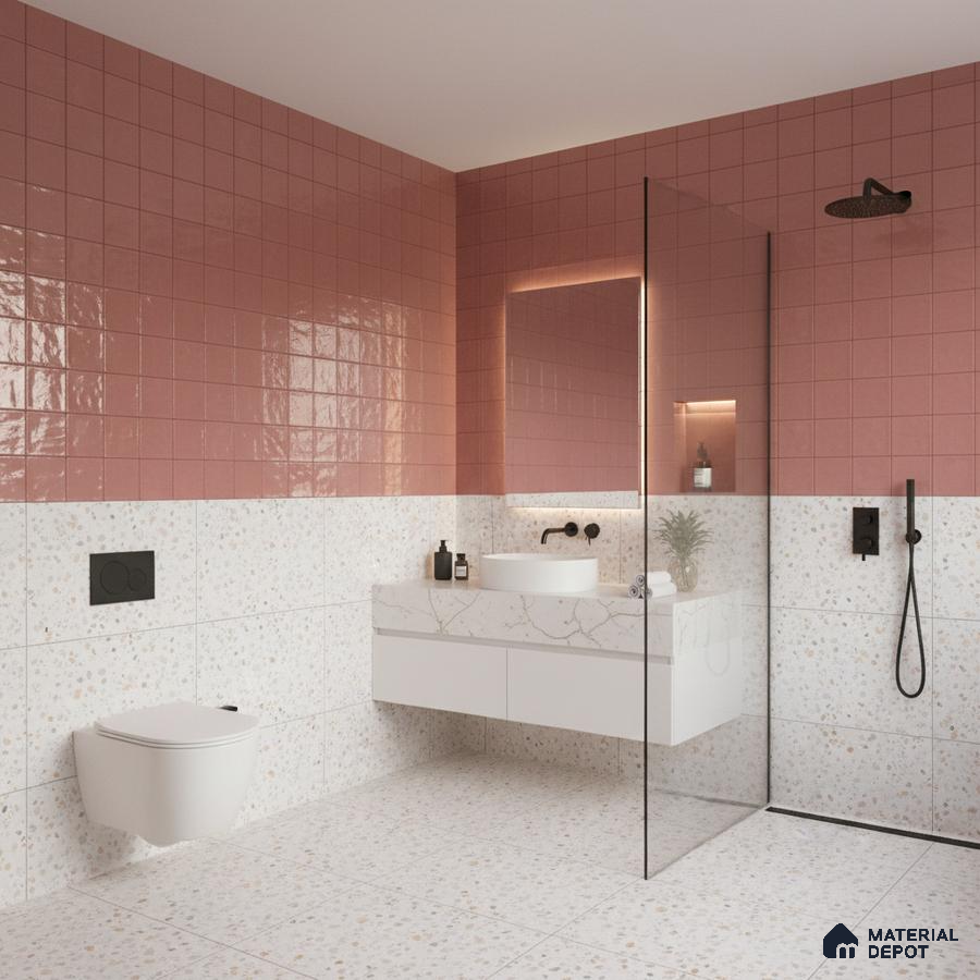 Modern bathroom with blush pink wall tiles and terrazzo floor and wall tiles