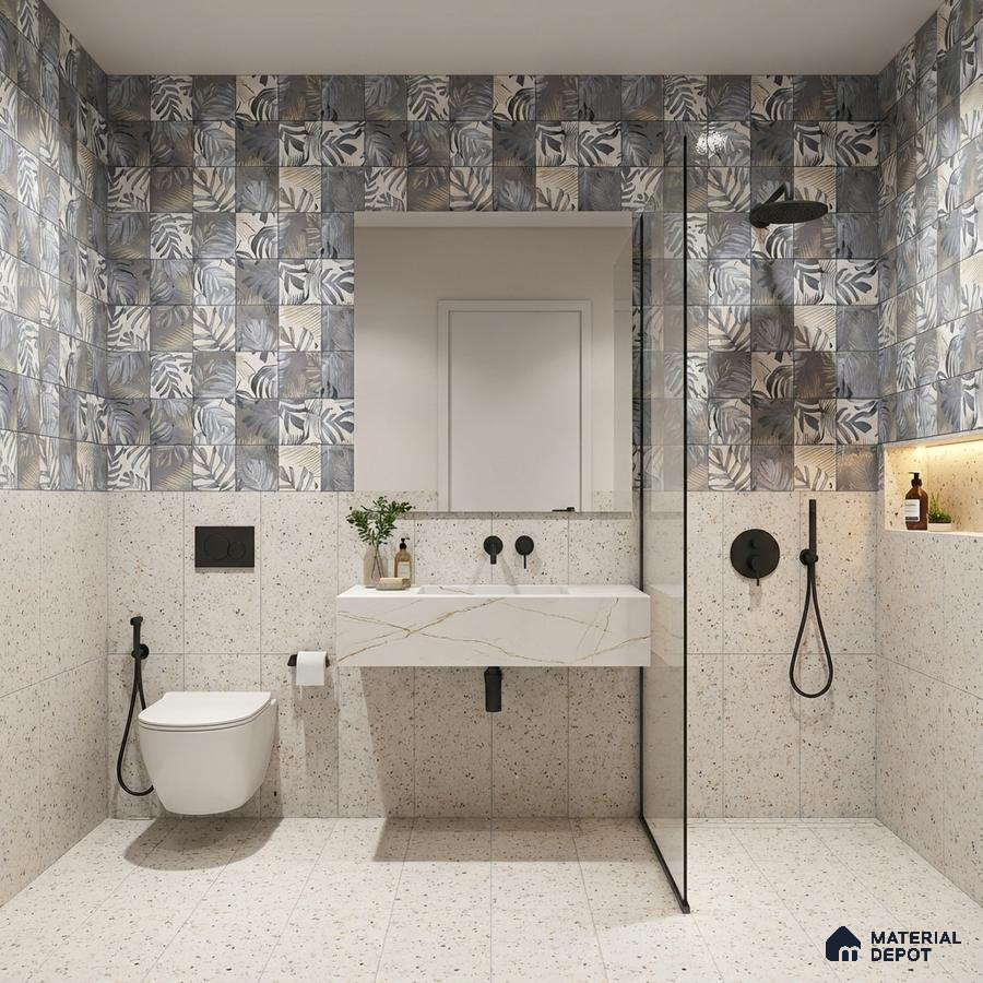 Modern bathroom with terrazzo floor tiles and blue tropical patterned wall tiles