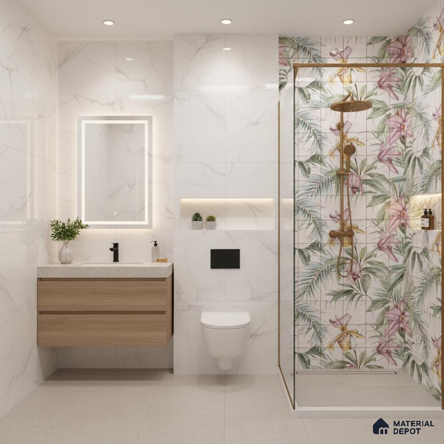 Modern bathroom with marble-look wall tiles, floral tropical highlighter shower tiles, and wood vanity
