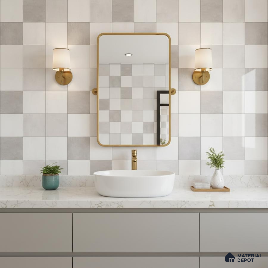 Modern bathroom with grey and white checkerboard wall tiles and marble-look quartz countertop