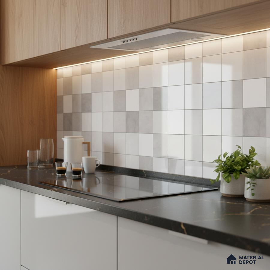 Scandinavian kitchen with light oak laminate cabinets, matte black countertop, and grey-white square backsplash tiles