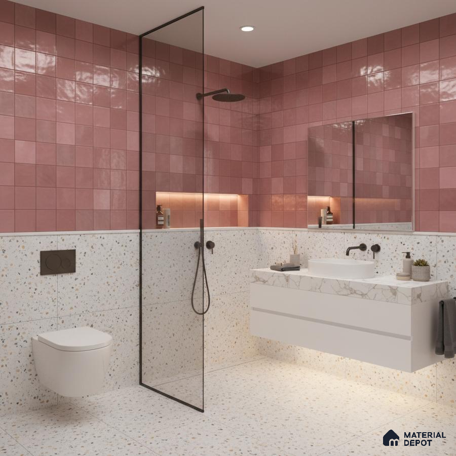 Modern bathroom with pink square wall tiles and terrazzo floor and wall tiles