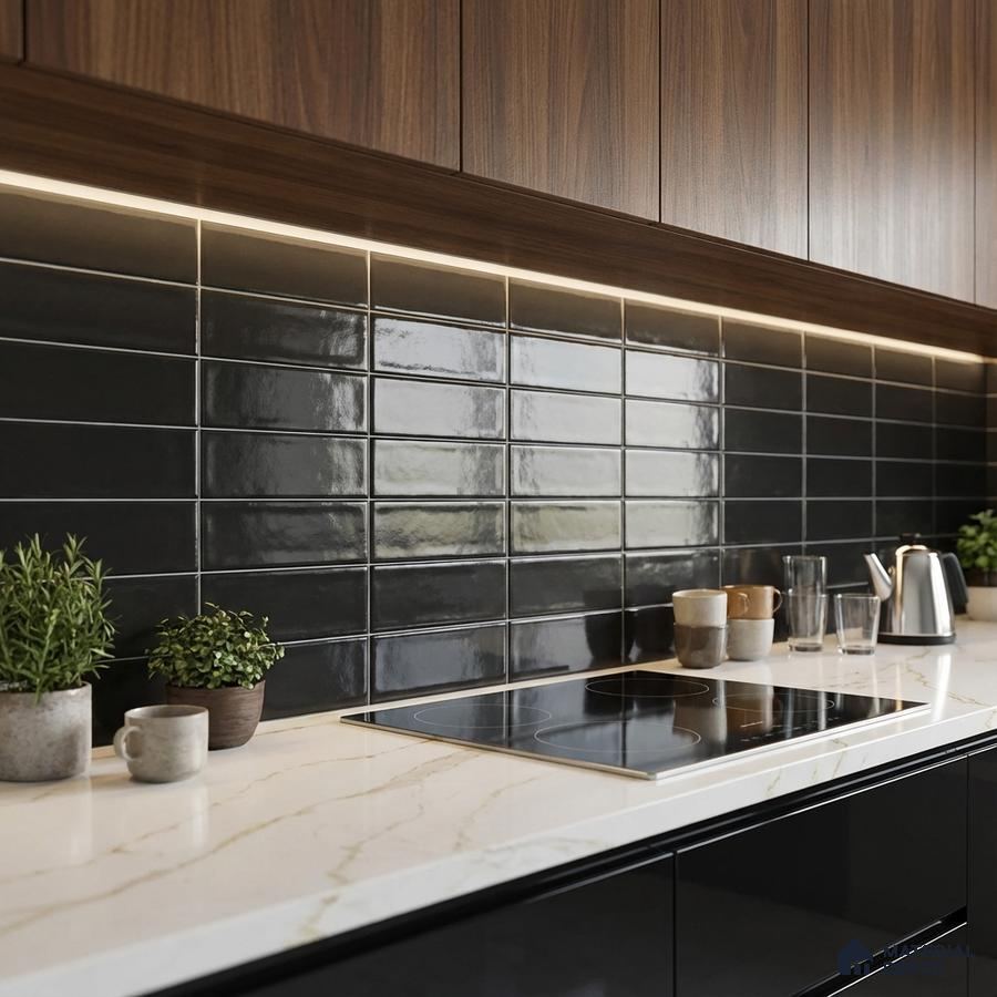 Modern kitchen with walnut laminate cabinets, glossy black subway backsplash tile, and white marble-look quartz countertop