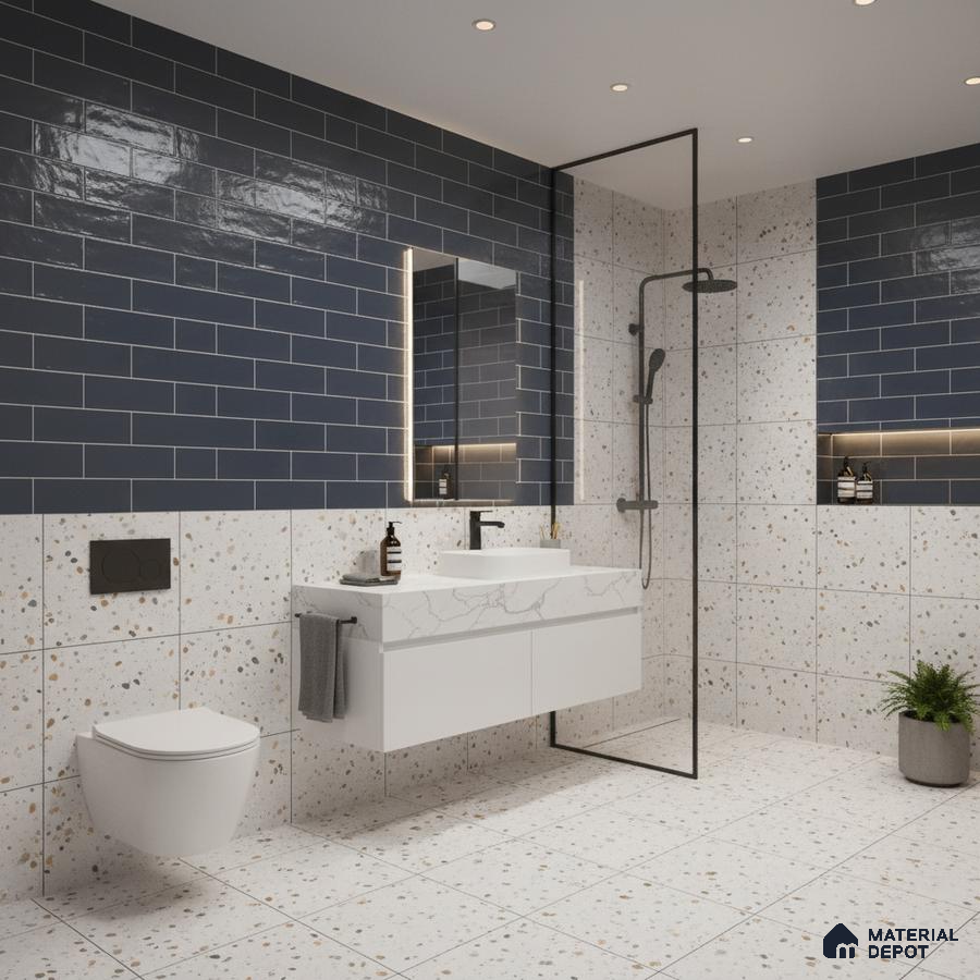 Modern kitchen with navy blue subway tile backsplash, black marble countertop, and blue laminate cabinets