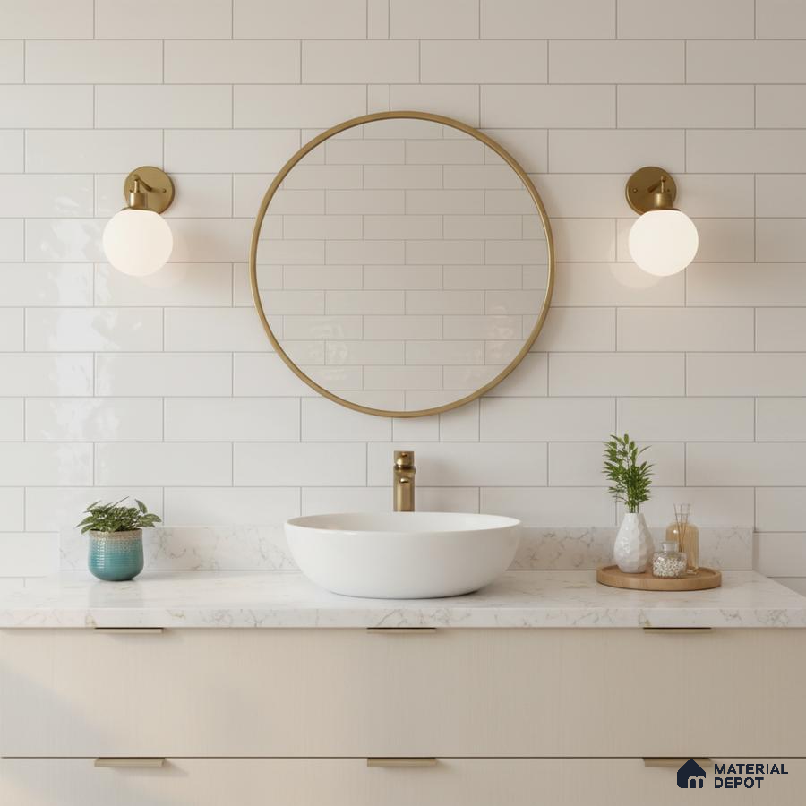 Minimalist bathroom with white subway wall tiles and quartz countertop vanity