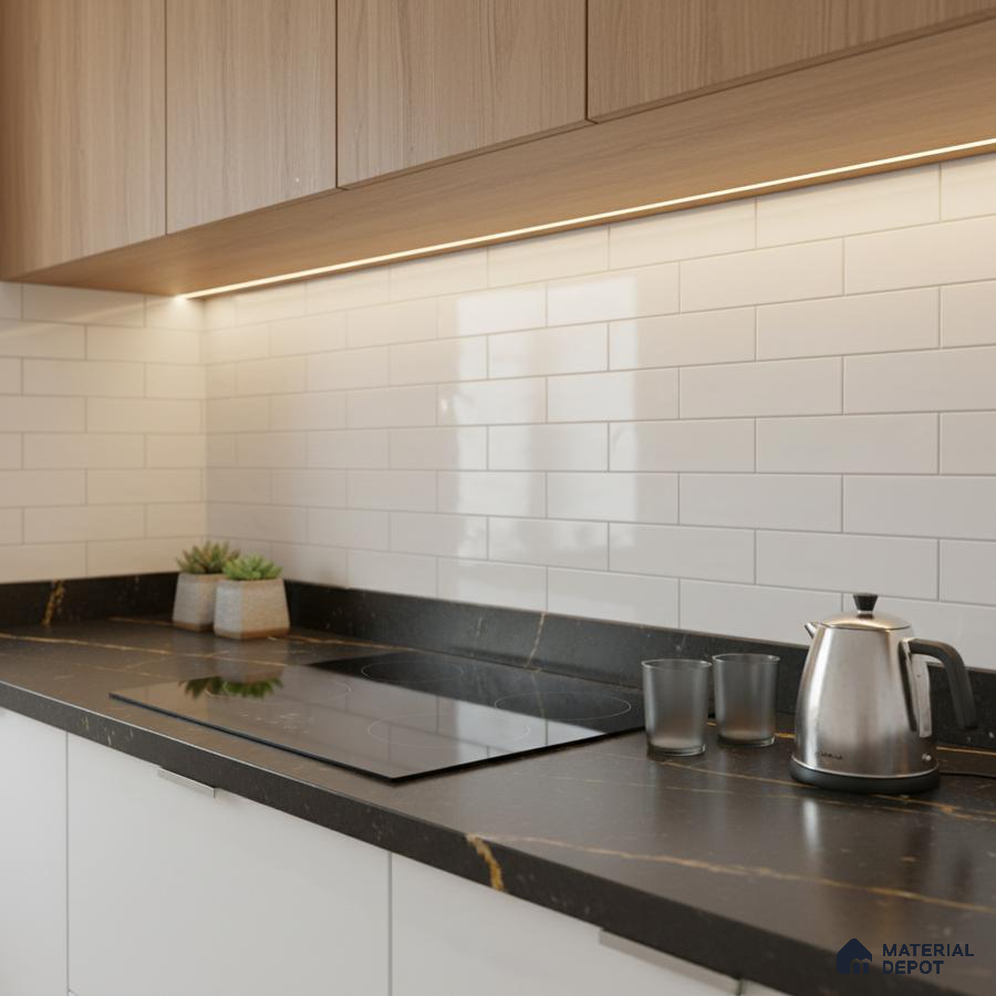 Modern kitchen with light wood laminate cabinets, white subway tile backsplash, and black marble-look countertop
