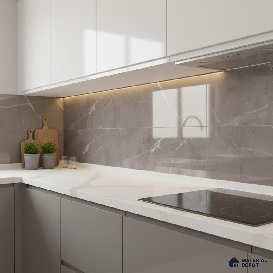 Modern kitchen with grey marble-look backsplash tile and white marble-look quartz countertop