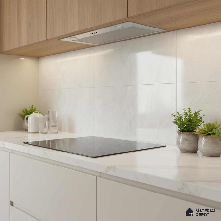 Minimalist kitchen with light oak laminate cabinets and white marble-look backsplash tile