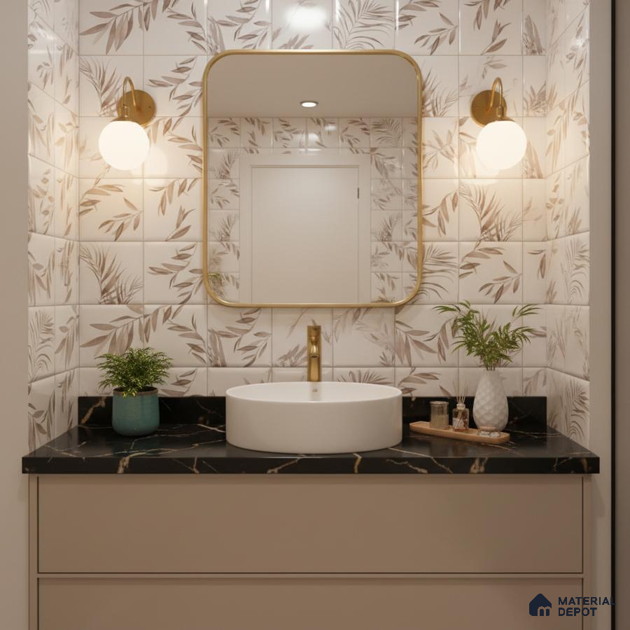 Modern bathroom with beige floral wall tiles and black quartz countertop