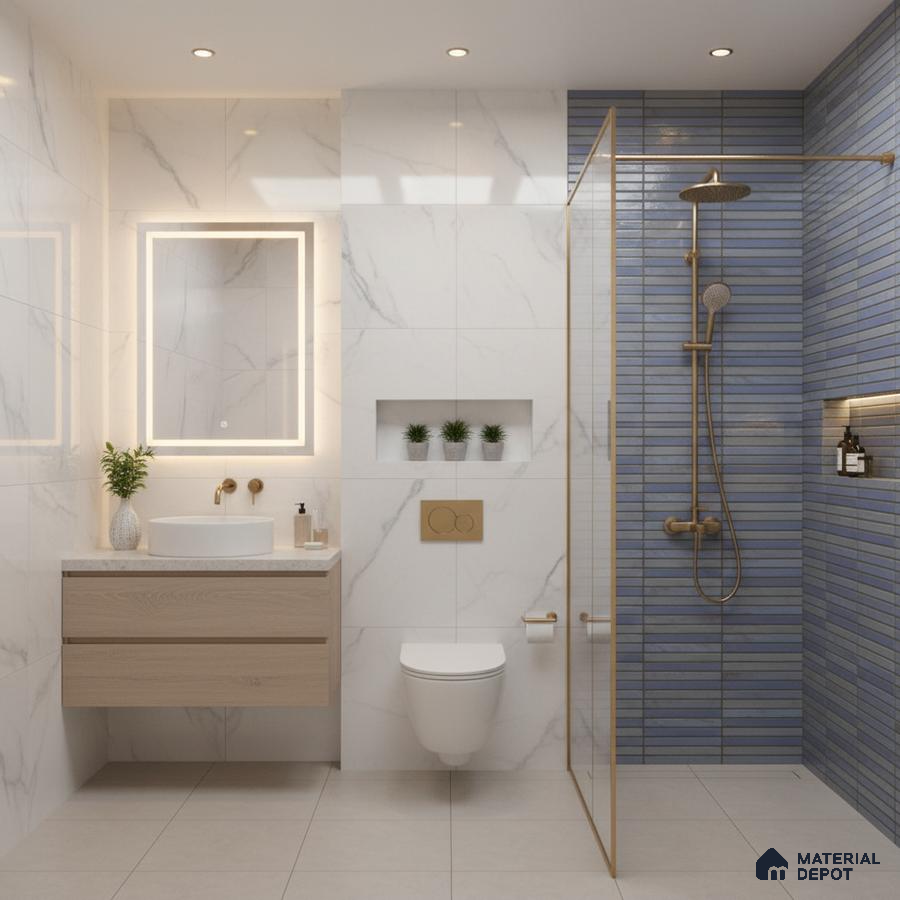Modern bathroom with white marble wall tiles, blue kitkat subway shower tiles, and light wood floating vanity