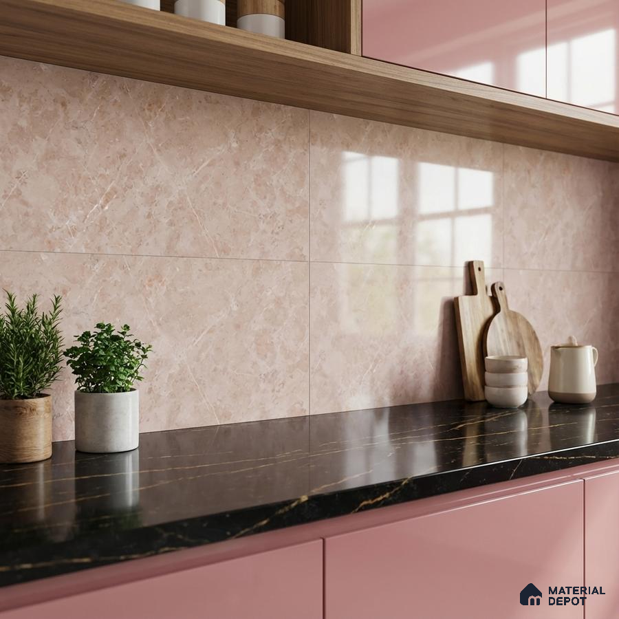 Modern kitchen with blush pink laminate cabinets, black marble countertop, and pink marble-look backsplash tiles