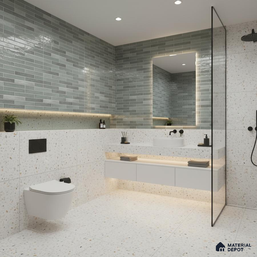 Modern kitchen with sage green subway backsplash tile, black marble countertop, and sage green laminate cabinets