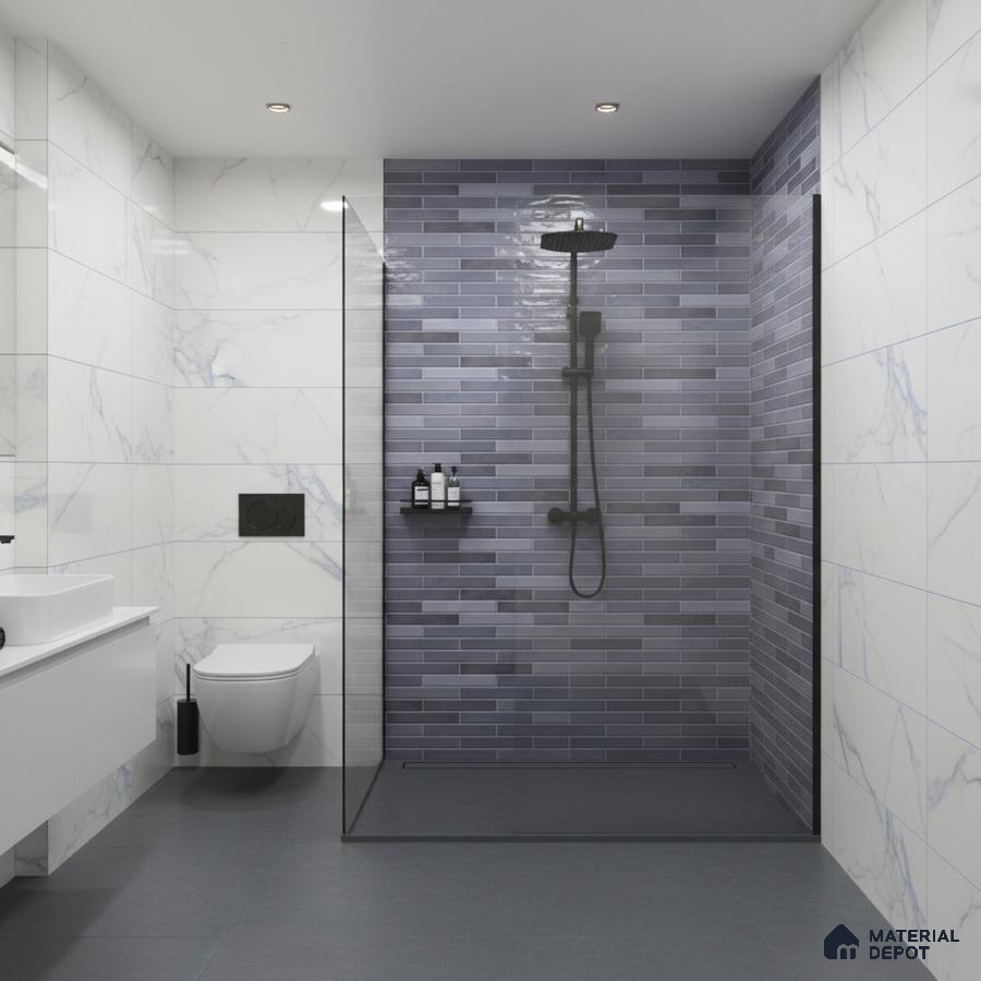 Modern bathroom with blue subway shower wall tile and white marble-look wall tiles