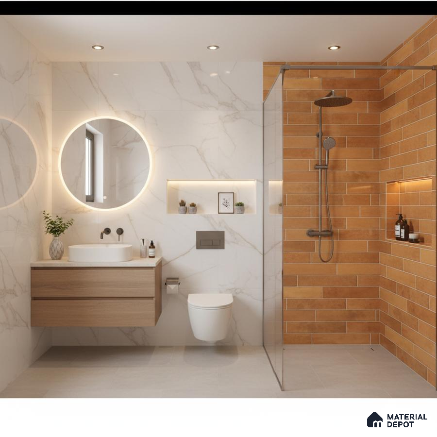 Modern bathroom with marble-look wall tiles, terracotta subway shower tiles, and light wood floating vanity