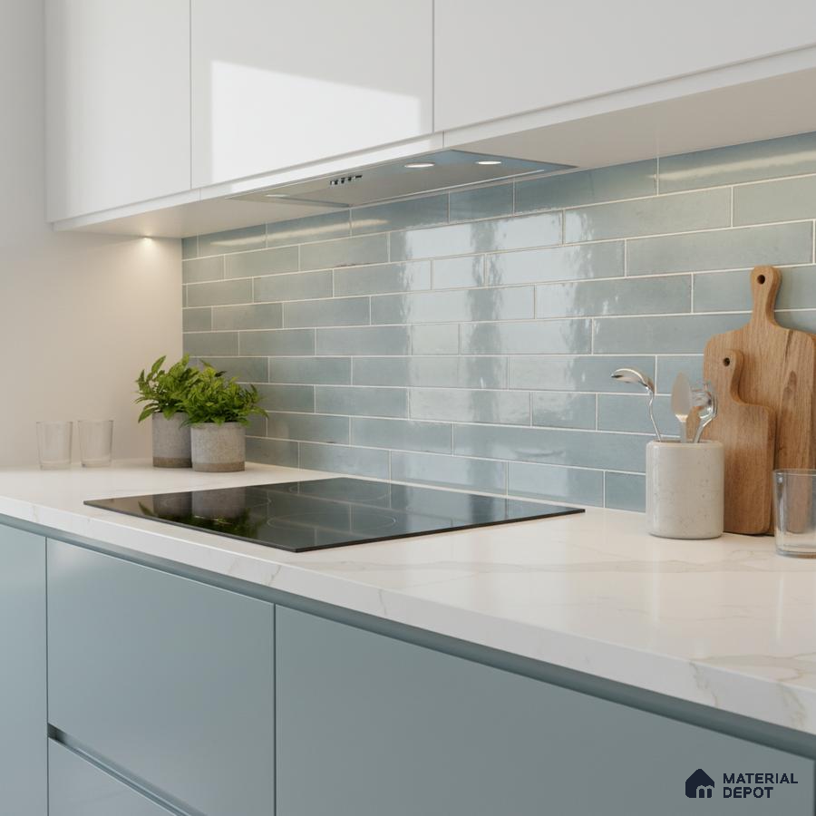Modern kitchen with pastel blue laminate, white quartz countertop, and glossy blue subway backsplash tiles