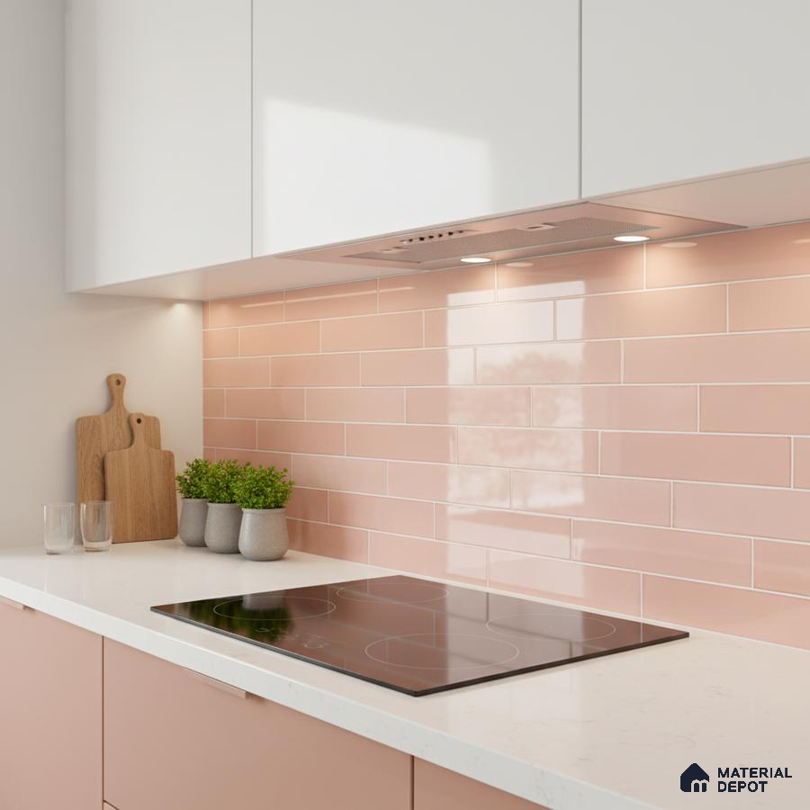Scandinavian kitchen with pastel pink laminate, white quartz countertop, and blush pink subway backsplash tiles