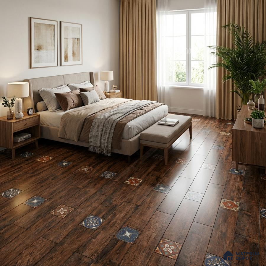 Modern bedroom with rustic wood plank flooring and patterned ceramic inlay tiles