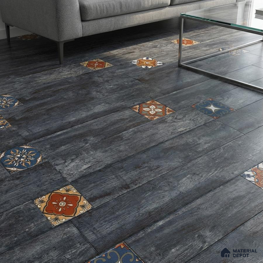 Eclectic living room with dark wood-look floor tiles and colorful patterned moroccan accent tiles