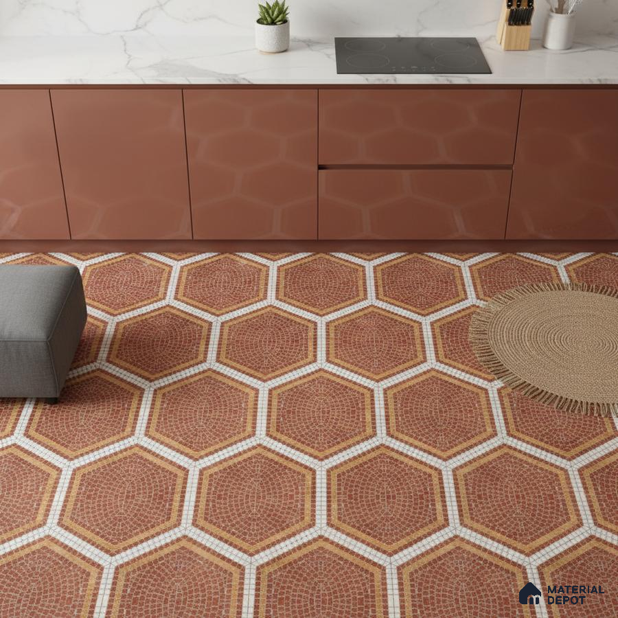 Modern kitchen with terracotta high gloss laminate cabinets, white marble backsplash, and hexagonal mosaic floor tiles