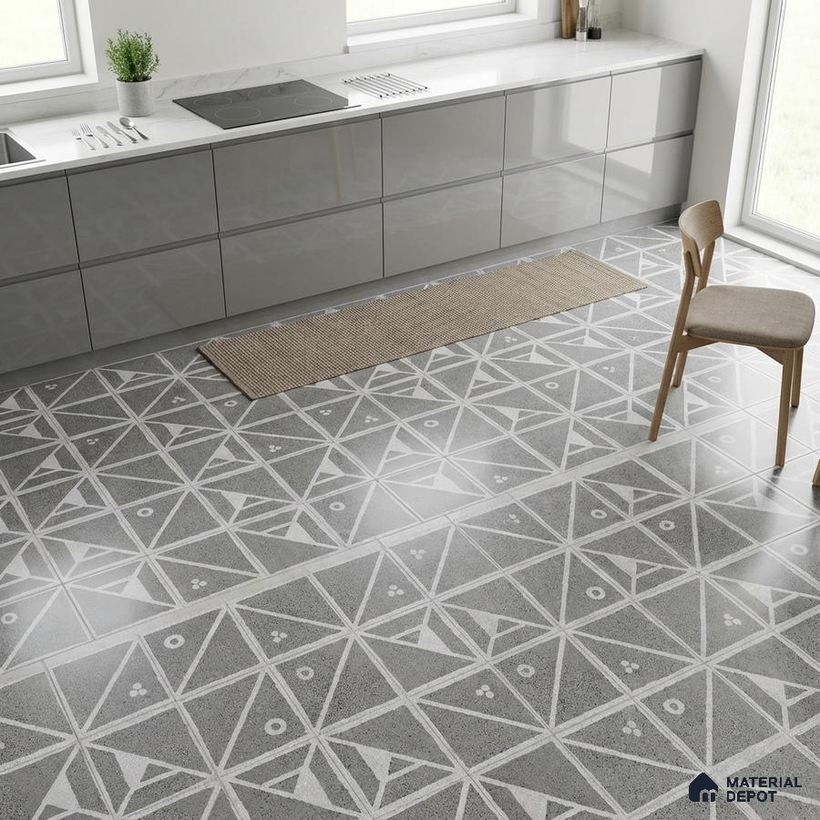 Modern kitchen with grey high gloss laminate cabinets and geometric patterned grey floor tiles