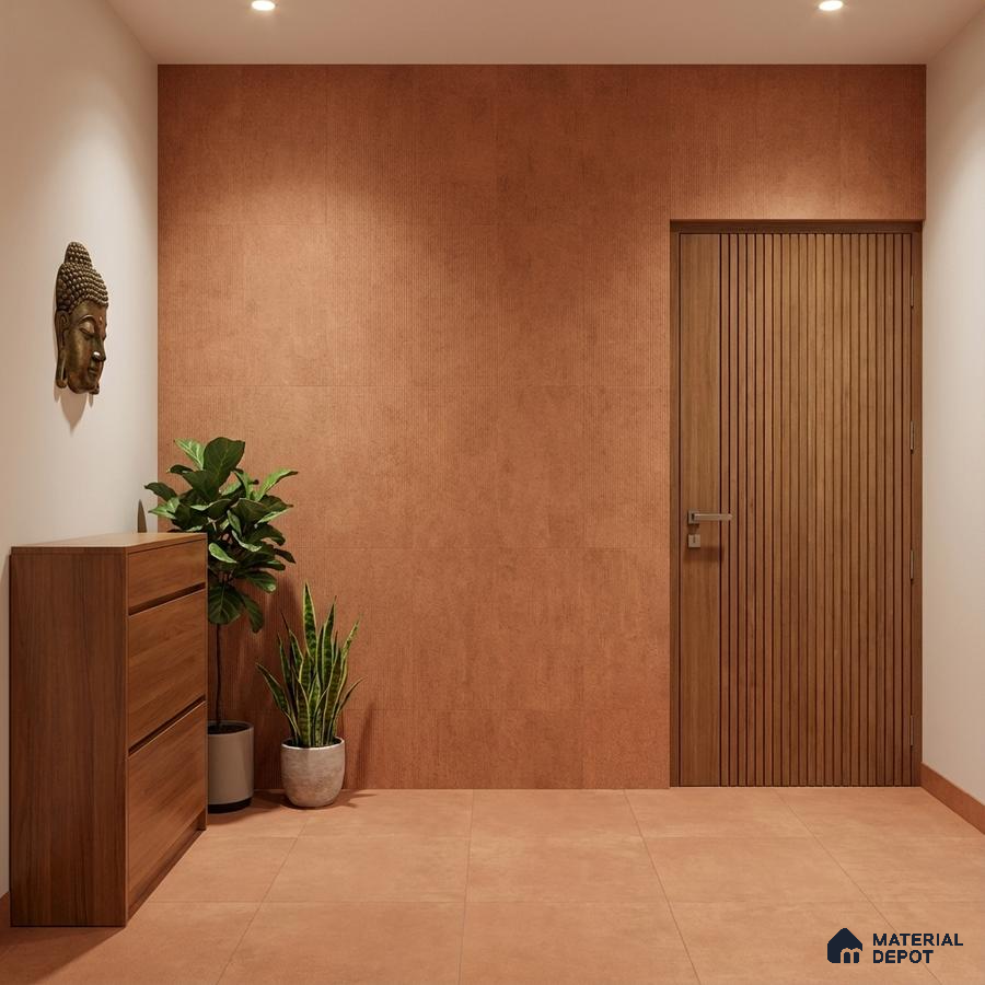 Minimalist foyer with terracotta wall tiles, wooden laminate cabinet, and walnut louvered door
