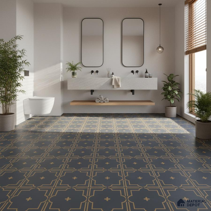 Modern bathroom with geometric patterned floor tiles and floating concrete vanity