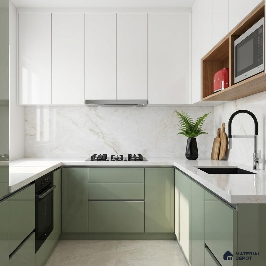 Modern dual tone kitchen with sage green and frosty white high gloss laminate, white marble-look backsplash and countertop
