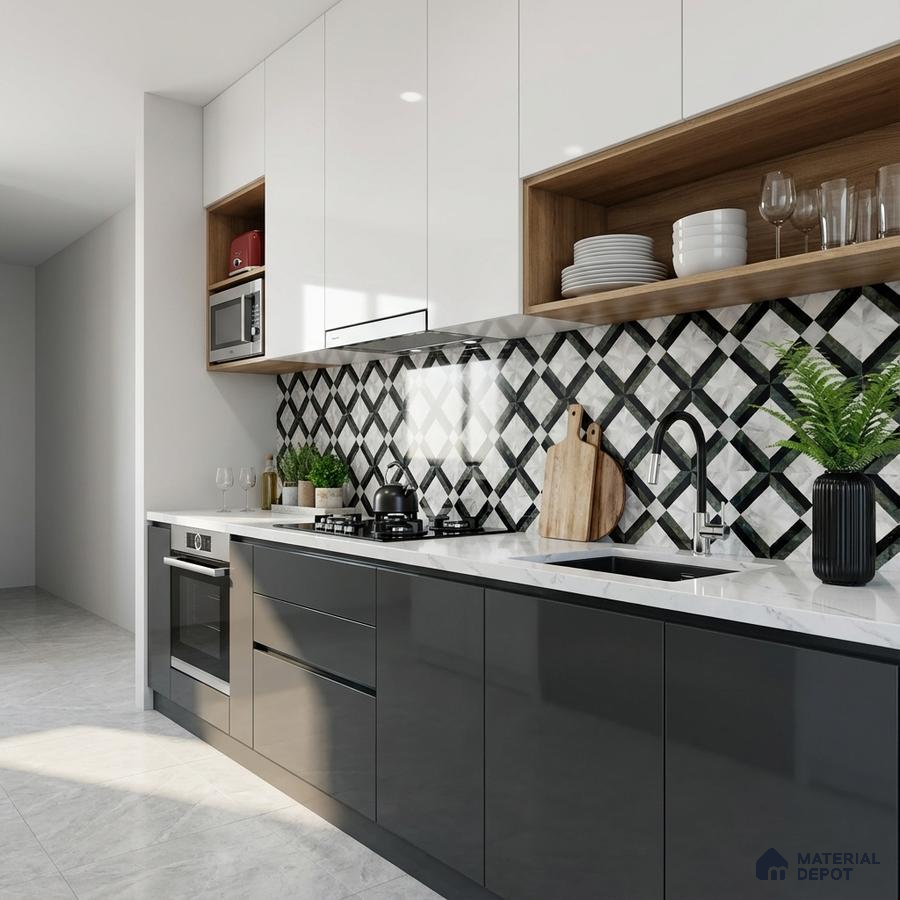 Modern kitchen with glossy grey and white laminate, quartz countertop, and geometric black-and-white backsplash tile