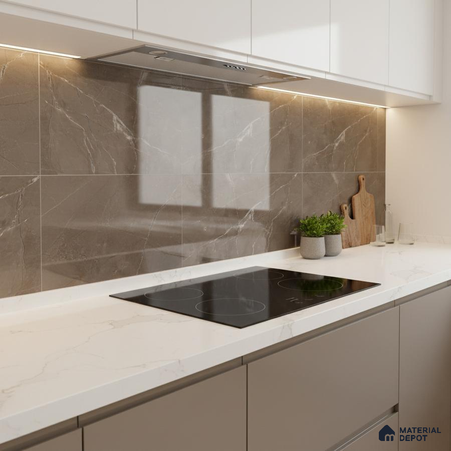 Modern kitchen with taupe marble-look backsplash tile and white marble quartz countertop