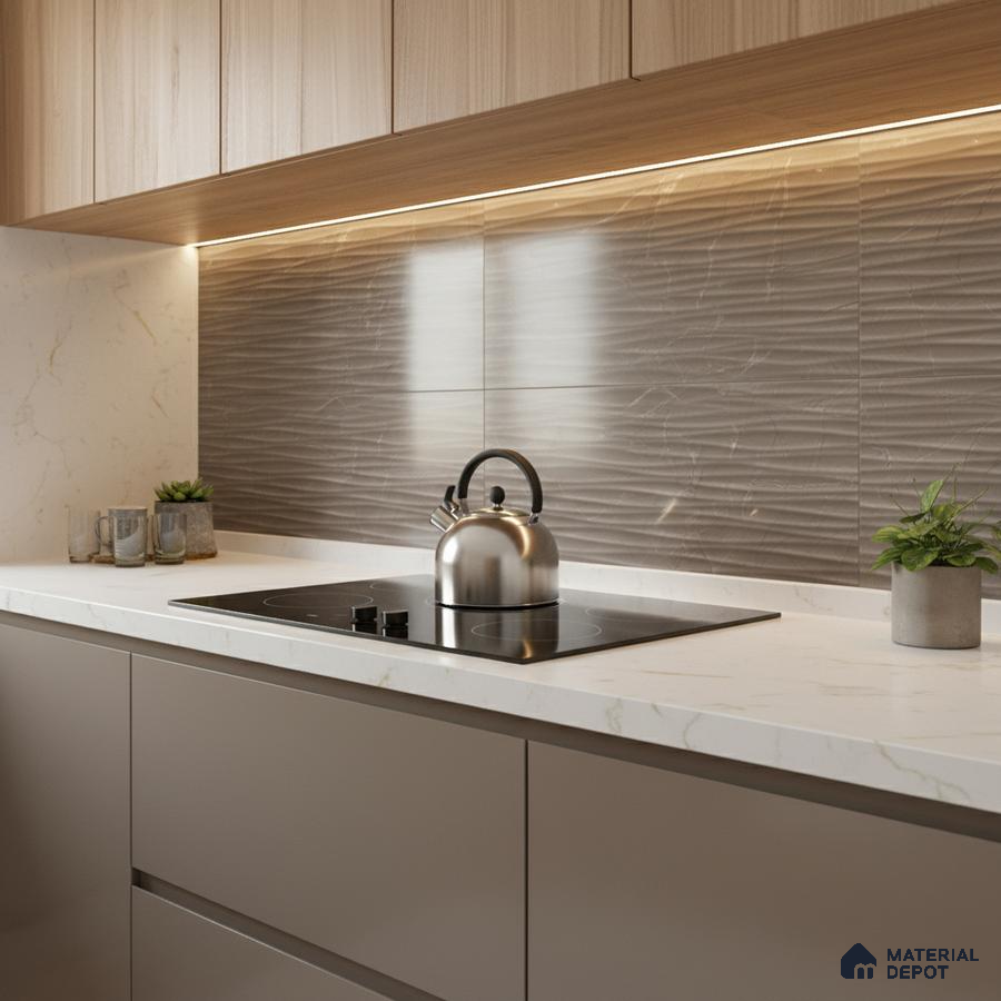 Modern kitchen with marble-look quartz countertop, taupe matte laminate cabinets, and textured grey backsplash tile