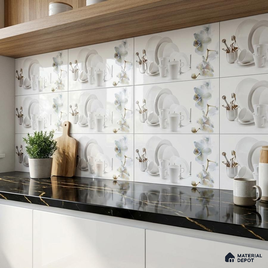 Modern kitchen with floral patterned backsplash tile and black marble countertop