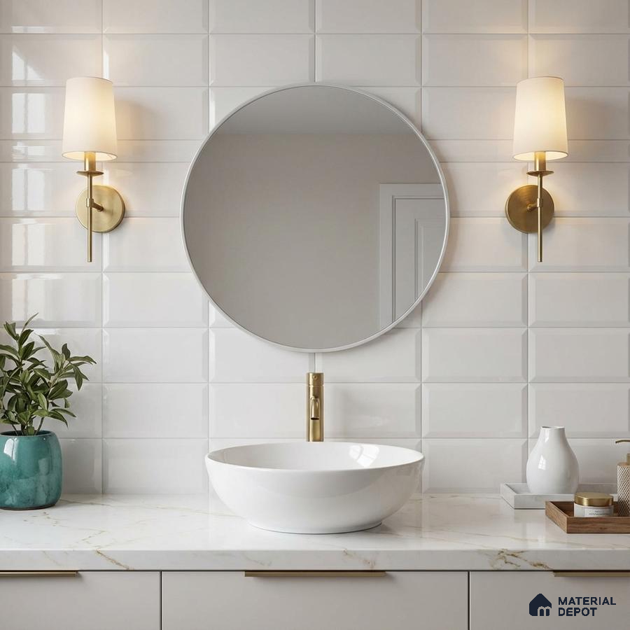 Modern bathroom with glossy white subway wall tiles and marble-look countertop