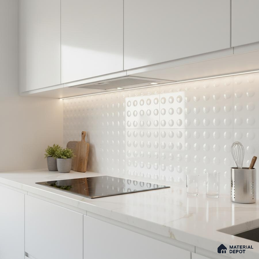 Minimalist kitchen with frosty white laminate cabinets, white marble-look quartz countertop, and 3D geometric white backsplash tile