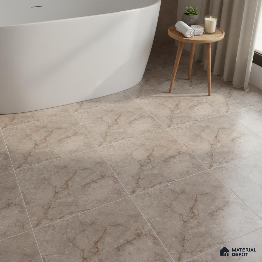 Modern bathroom with beige marble-look floor tiles and freestanding tub