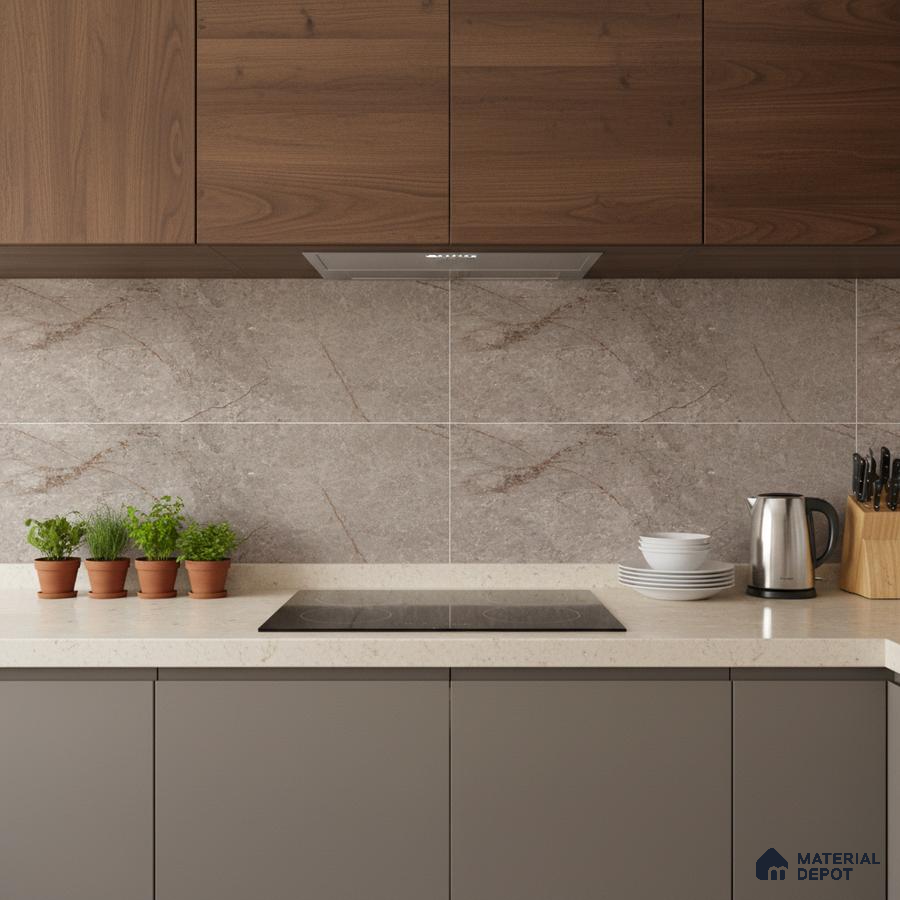 Modern kitchen with walnut wood laminate, taupe marble-look backsplash tile, and beige quartz countertop